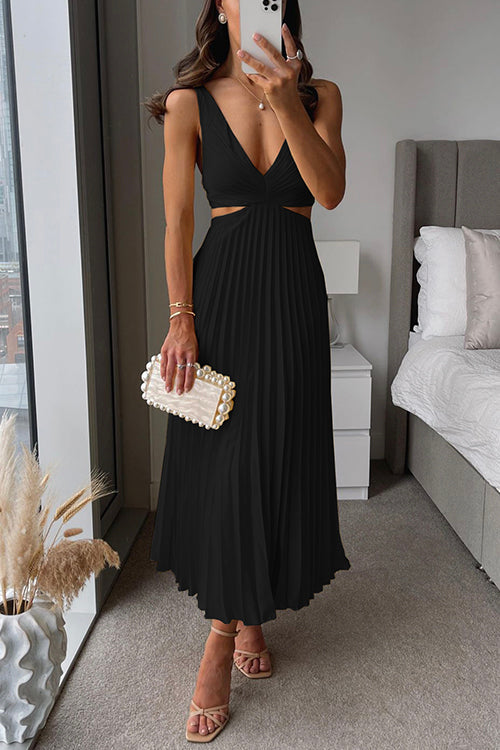 Rhiannon robe longue maxi noire à taille haute et décolleté en V, élégante robe longue Danoir Paris pour femmes.