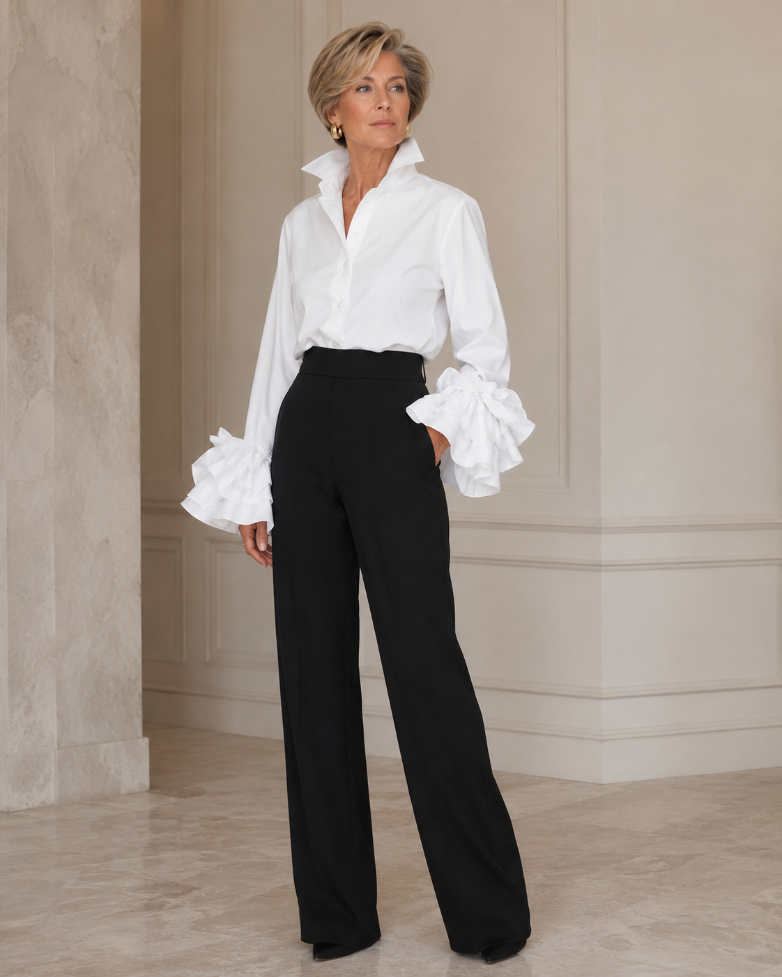 Blouse blanche à volants élégante Danoir Paris avec manches évasées pour femmes, fine et féminine, vue de face.