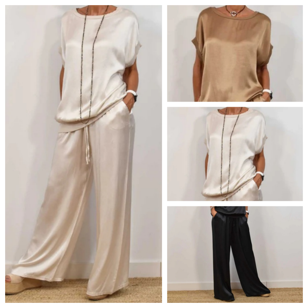 Ensemble élégant à deux pièces Celia par Danoir Paris, en tissu blanc, porté sur mannequin, détails sophistiqués et finition soignée.