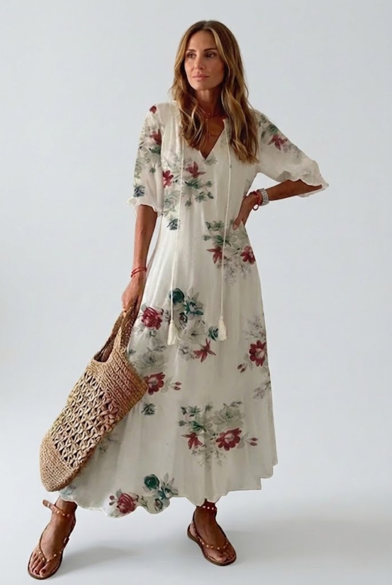 Robe maxi florale veloutée Élodie™ de Danoir Paris, élégante et fluide, avec motif floral sur fond clair.