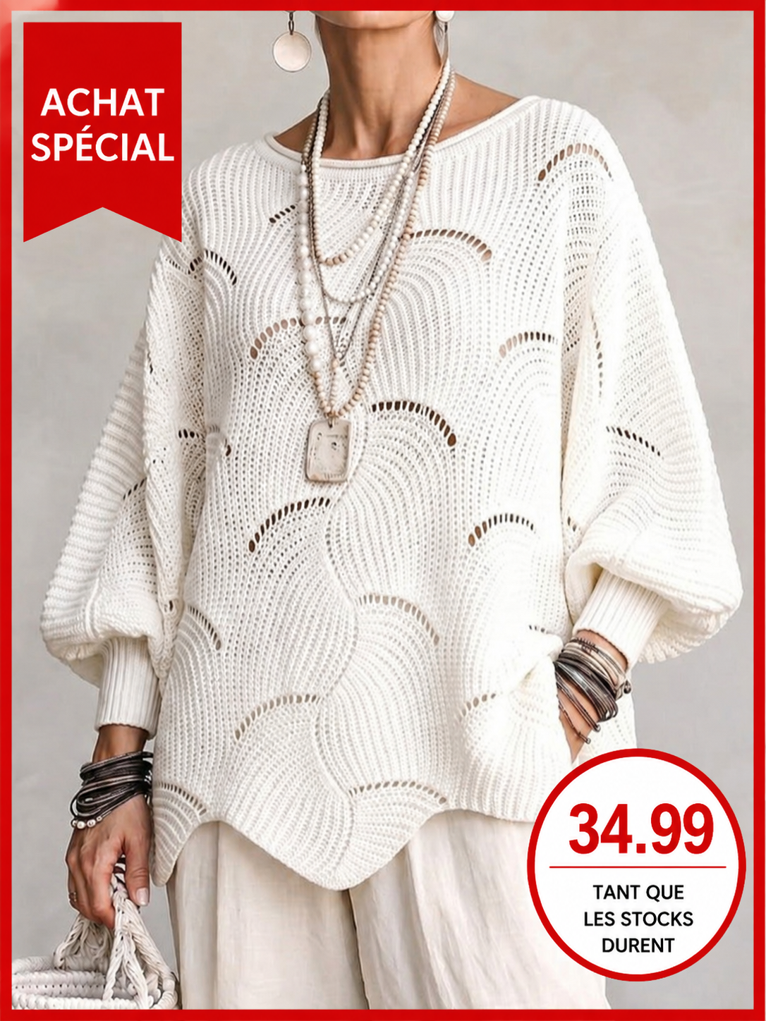 Haut en tricot blanc Danoir Paris à manches lanternes amples avec motif en vagues creuses, détail élégant et confortable.