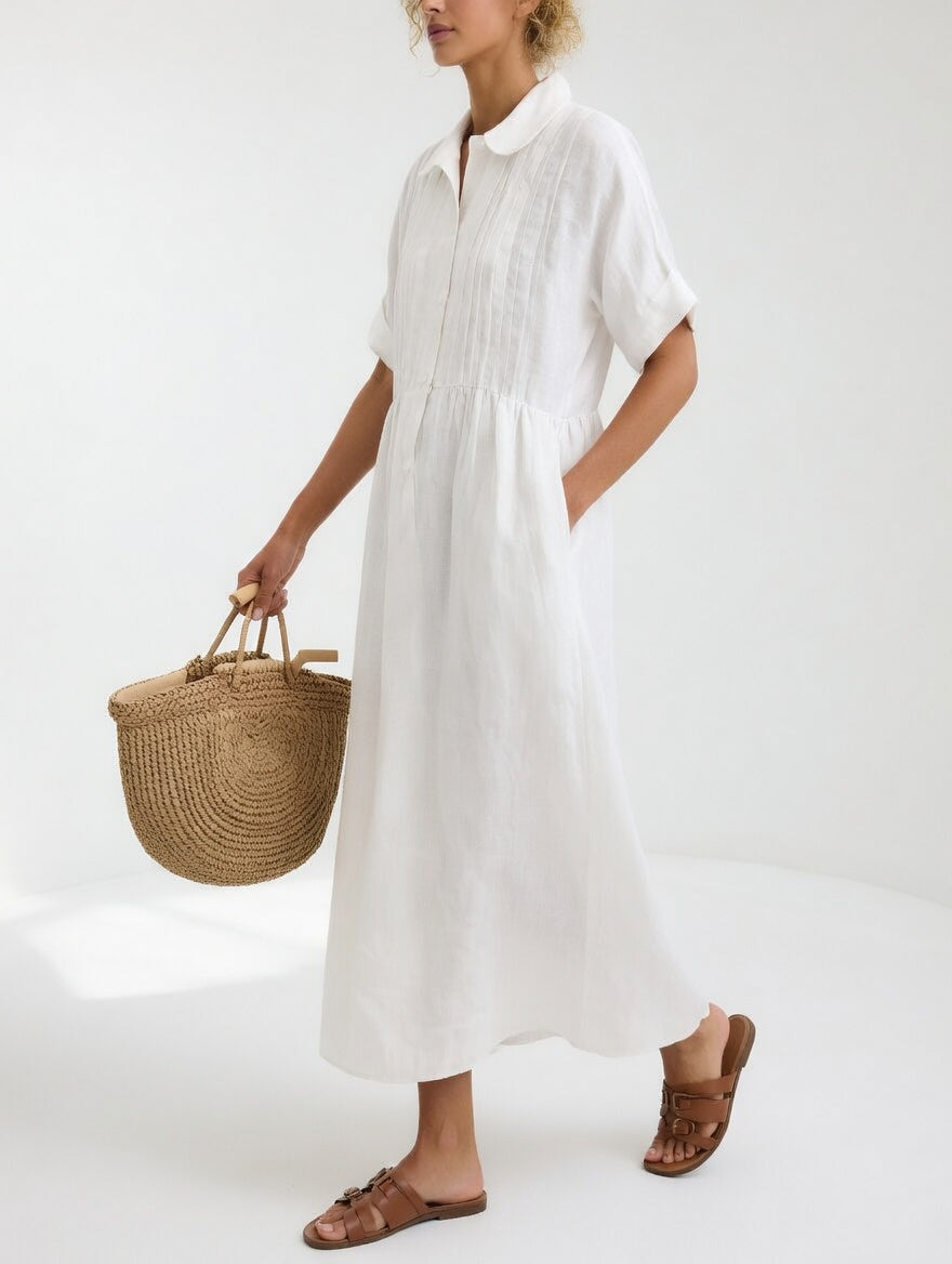 Robe chemise fluide estivale Lysandra™ blanche de Danoir Paris, légère et élégante, parfaite pour la saison chaude.