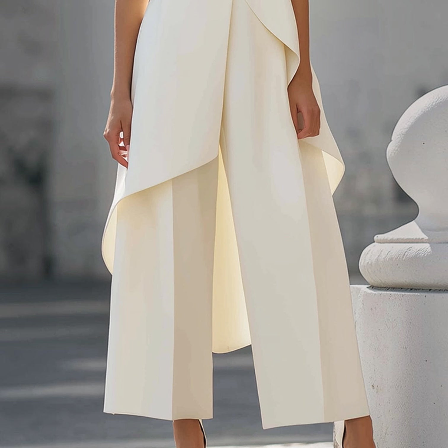 Robe longue élégante blanche MARTINA™ de Danoir Paris portée, détails en tissu fluide et coupe raffinée.