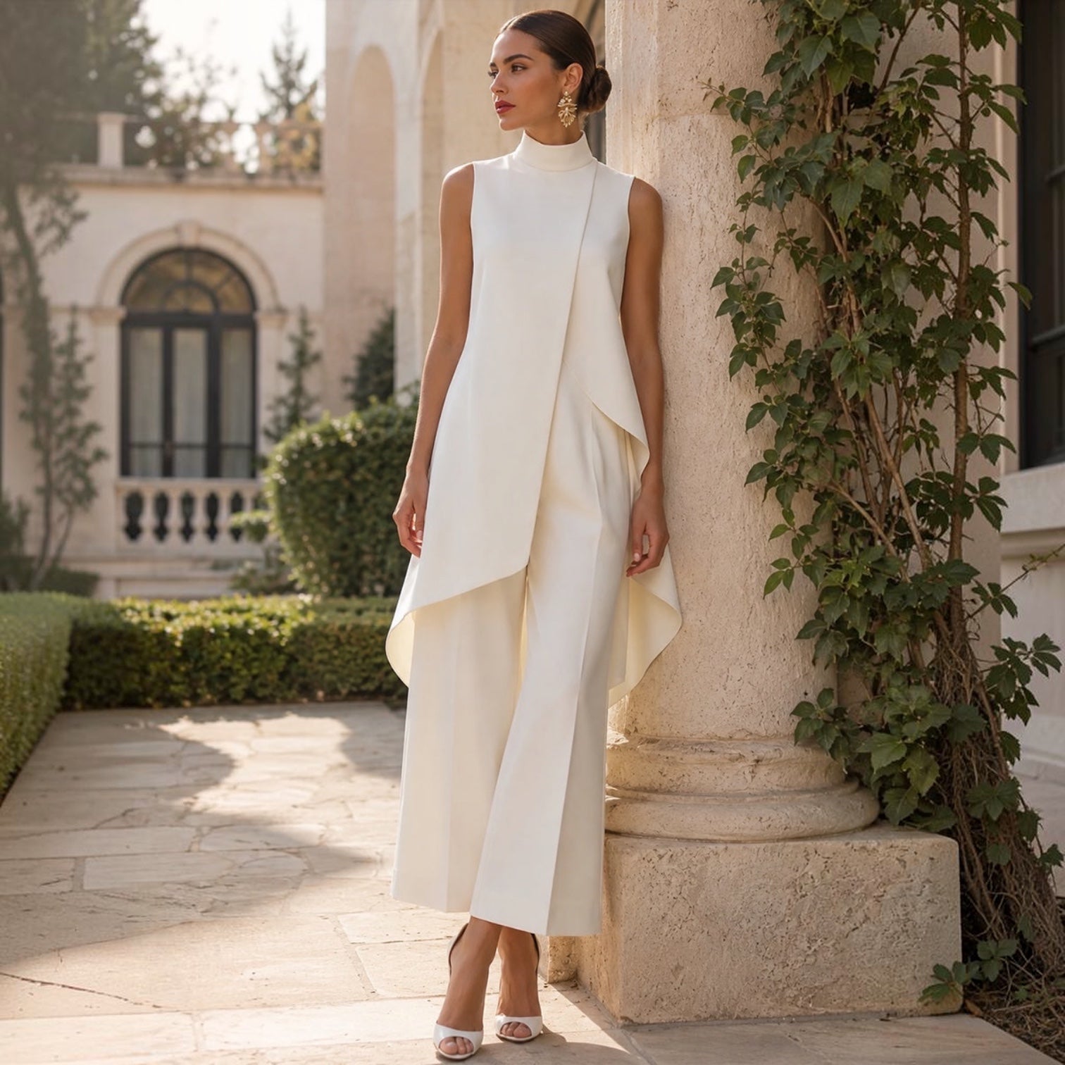 Robe longue élégante blanche MARTINA™ de Danoir Paris, vue de face, tissu fluide et détails sophistiqués visibles.