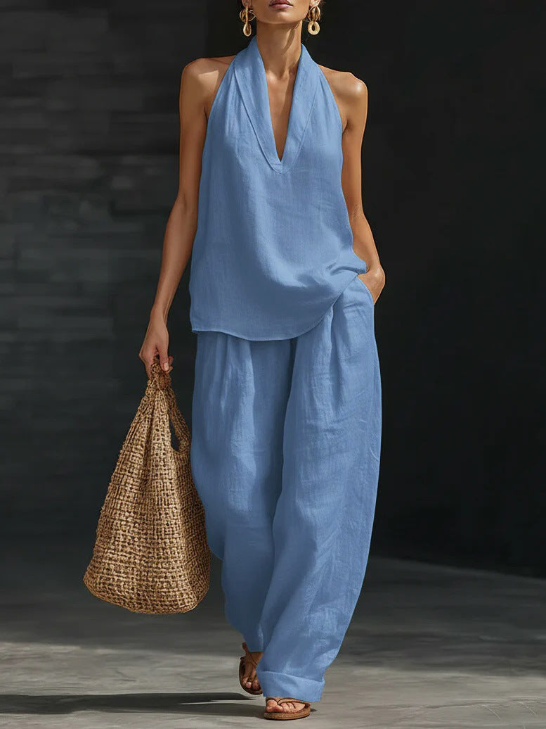 Ensemble sans manches et pantalon large Zoë™ de Danoir Paris, vêtement blanc élégant pour femme, présenté sur un fond neutre.