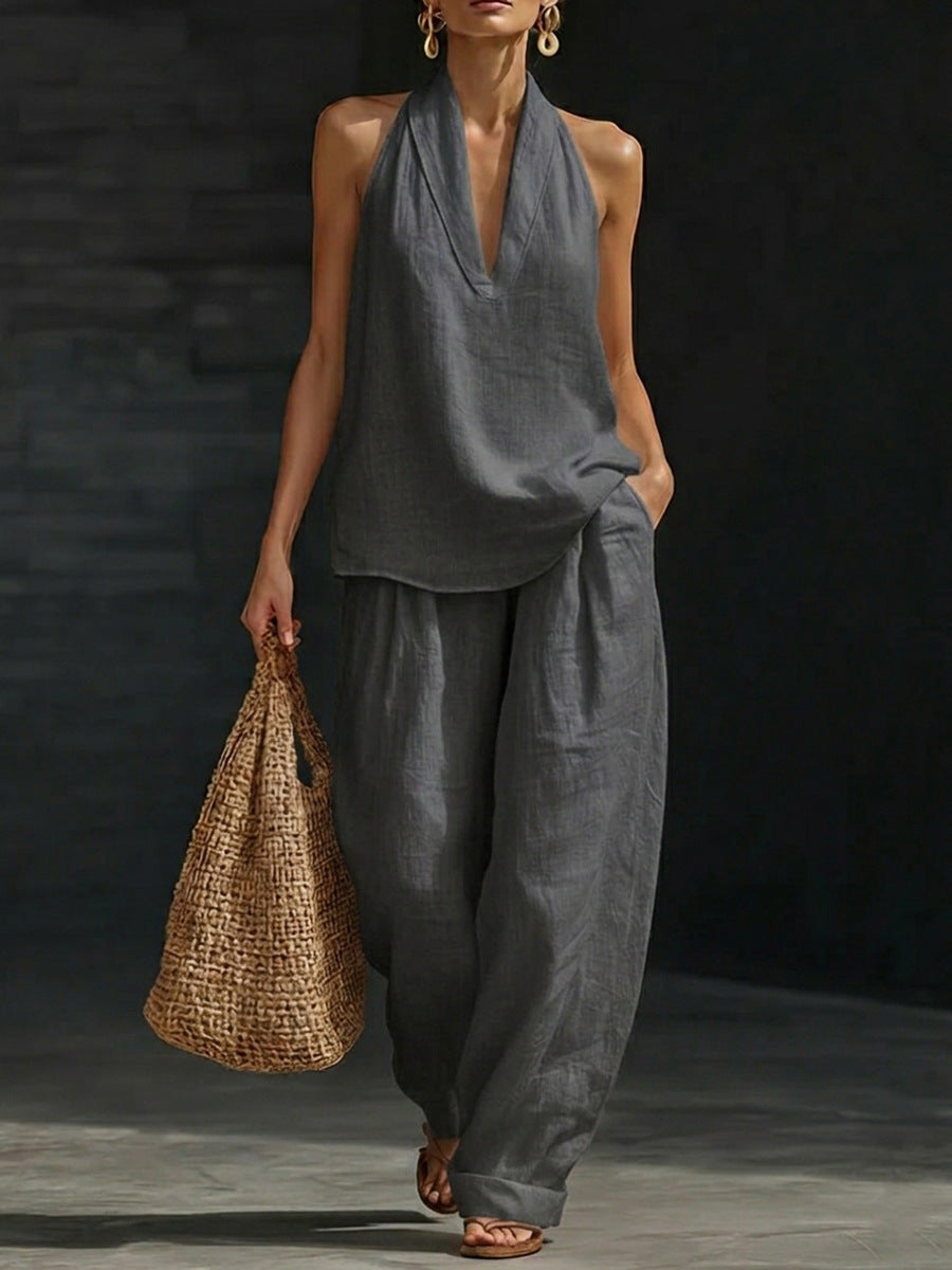 Ensemble sans manches et pantalon large Zoë™ de Danoir Paris en tissu blanc, vue de face, élégant et moderne.