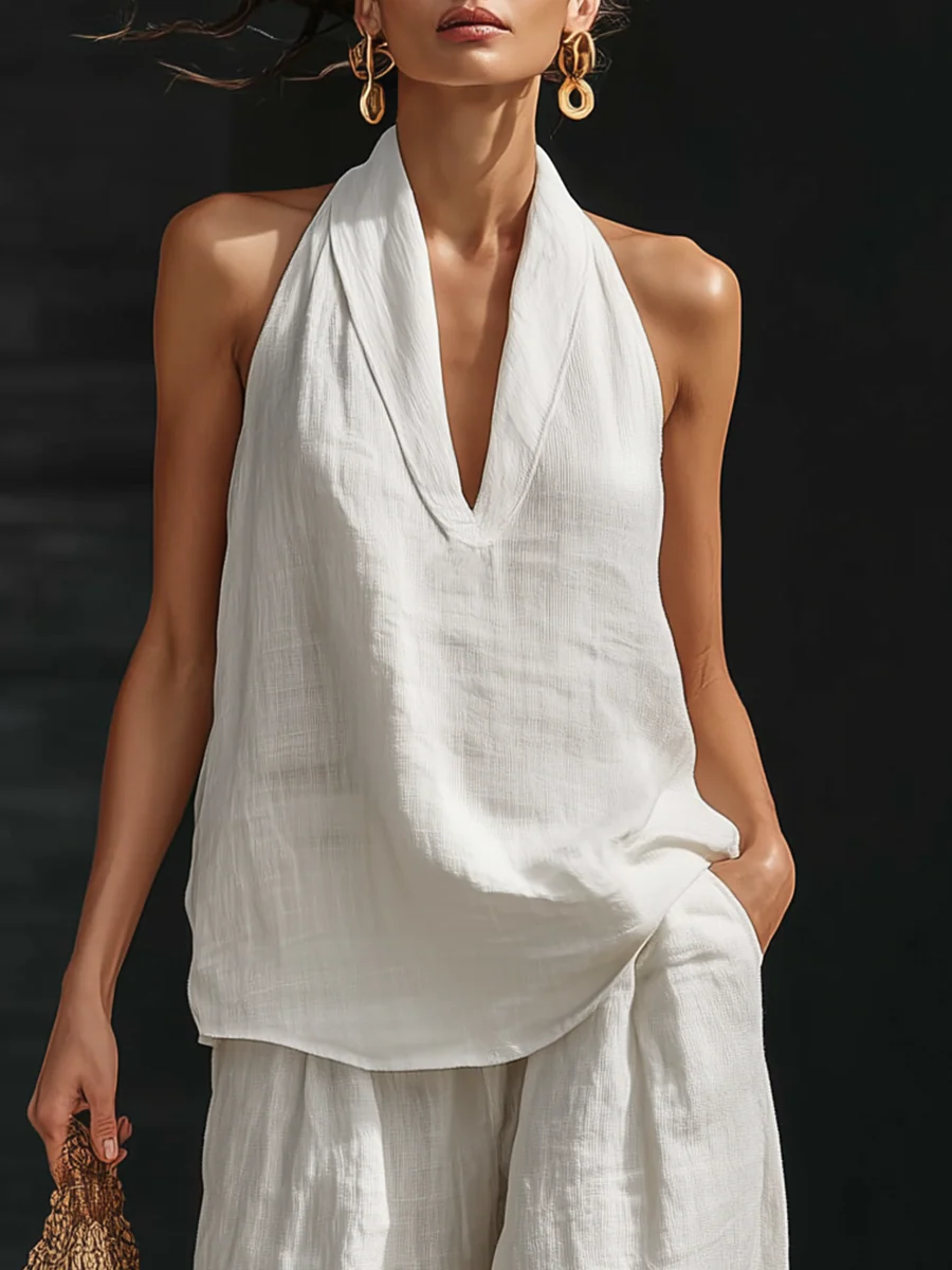 Ensemble sans manches et pantalon large Zoë™ de Danoir Paris, vêtement blanc élégant pour femme.
