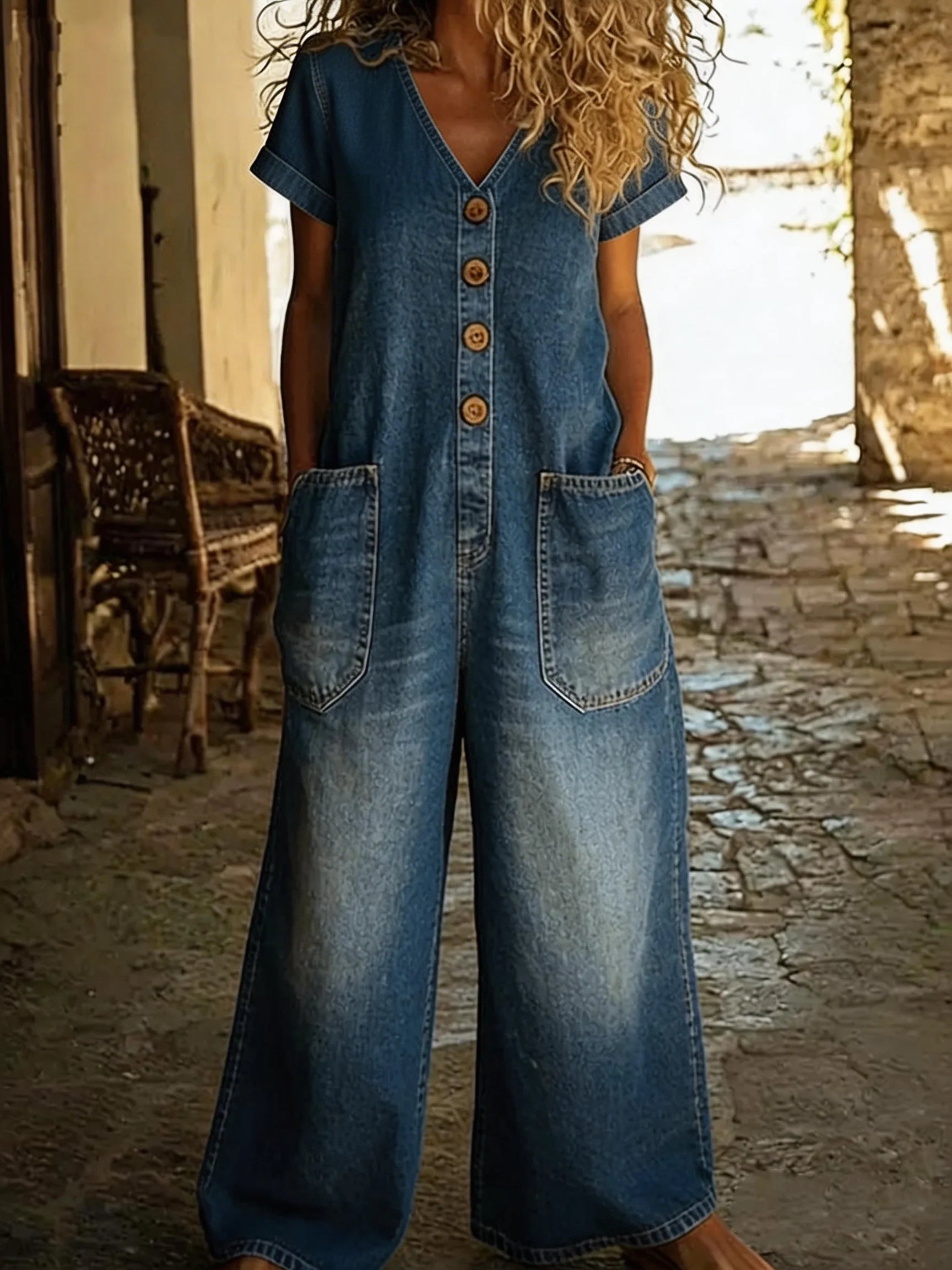 Combinaison en jean bleu Denise de Danoir Paris avec v-hals, manches courtes et coupe ajustée, portée par un mannequin.