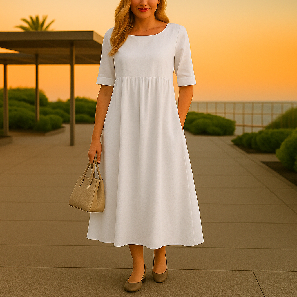 Robe en coton aérée Manon de Danoir Paris, tissu léger et confortable, couleur bleu ciel, détail de la robe.