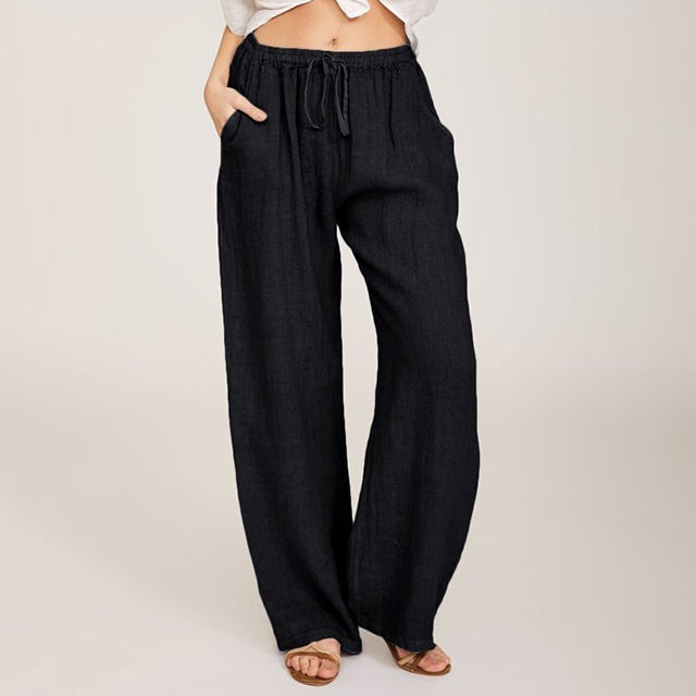 Pantalons confortables Danoir Paris Enara bleu clair avec corde, vue de face, idéal pour un style décontracté et élégant.