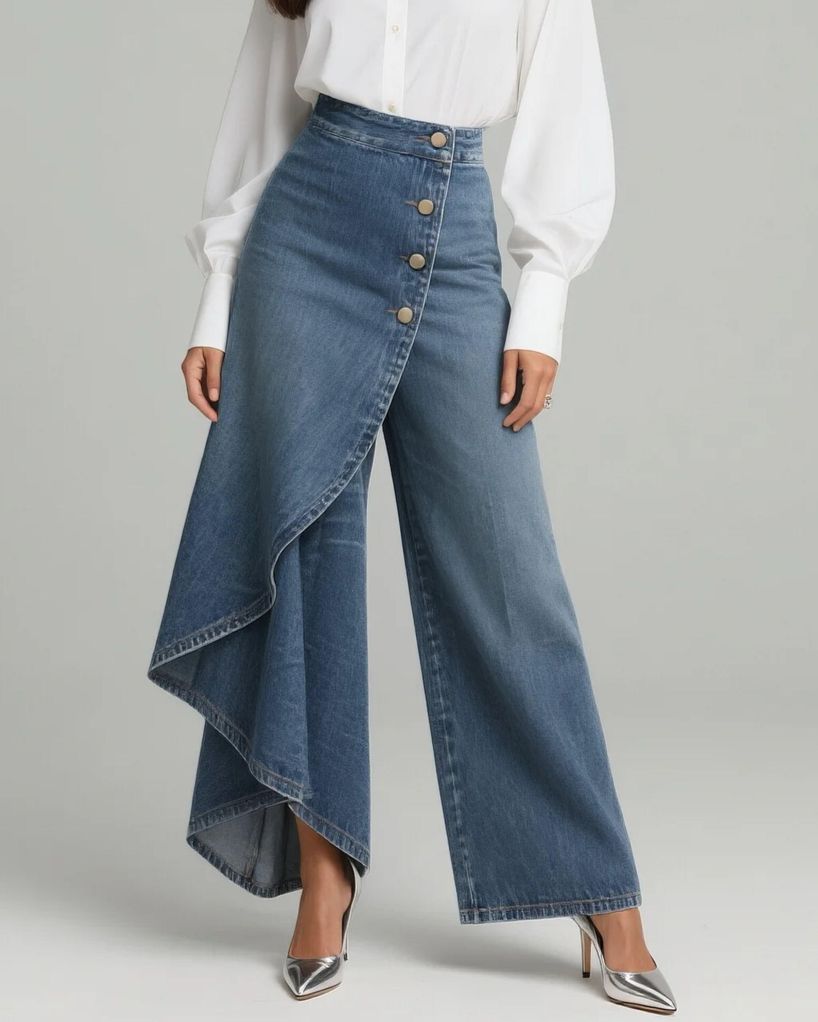 Pantalon en denim bleu clair Audrey de Danoir Paris, coupe enveloppante, vue de face sur un mannequin.