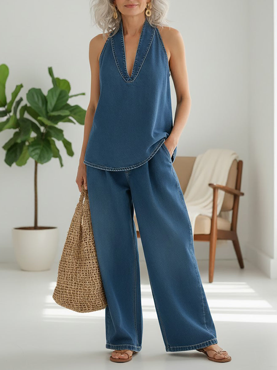 Ensemble deux pièces Ivy en denim vintage doux et lavé de Danoir Paris, vêtement en jean bleu clair pour femme.