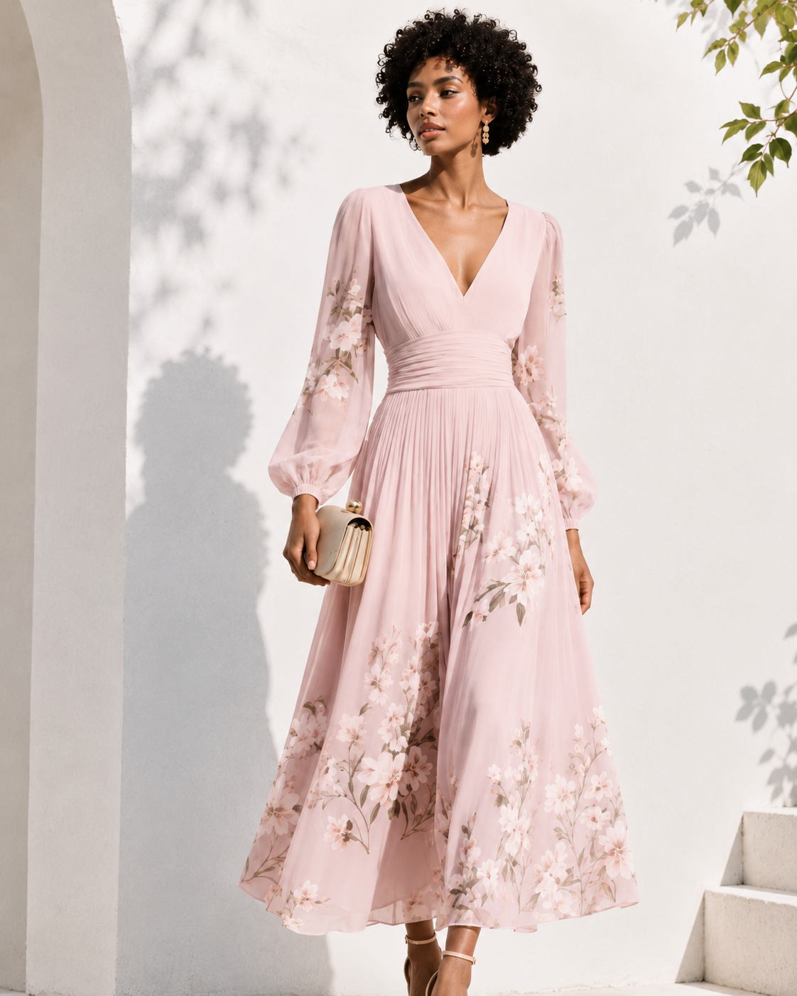 Robe longue élégante pour femme de Danoir Paris avec décolleté en V profond et manches longues, couleur bleu clair.