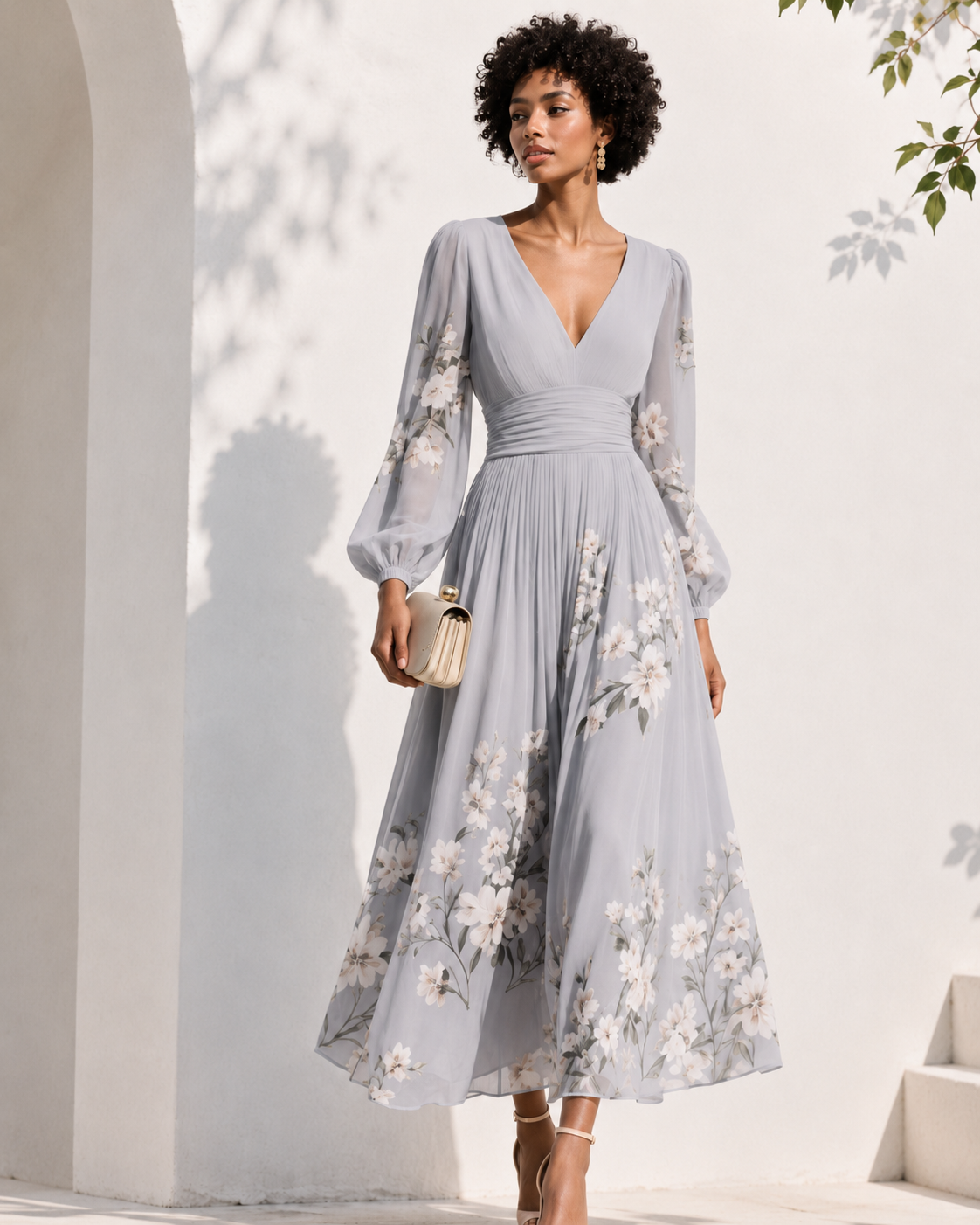 Robe longue élégante pour femme de Danoir Paris, en bleu clair avec décolleté en V profond et manches longues.
