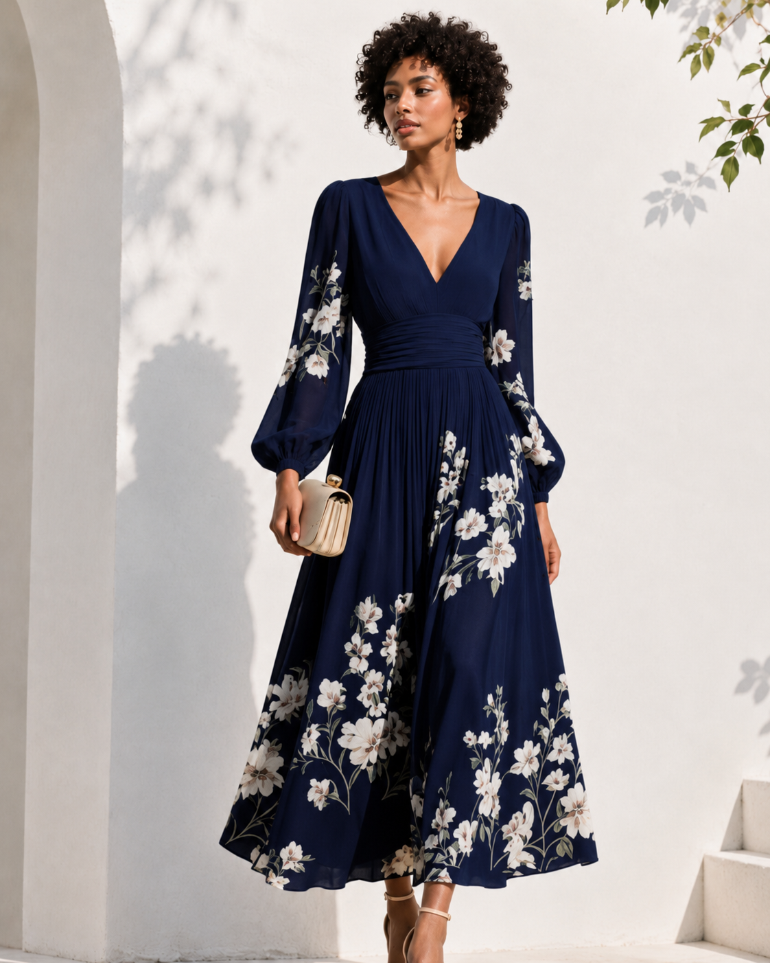 Robe longue élégante pour femme Danoir Paris avec décolleté en V profond et manches longues, couleur bleu clair.