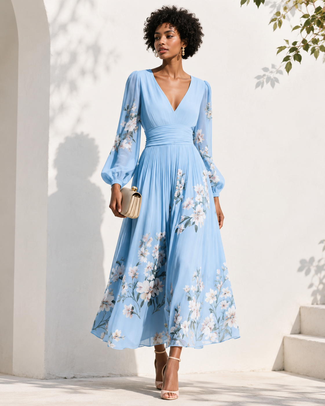 Robe longue élégante pour femme Danoir Paris en tissu bleu clair, décolleté en V profond et manches longues.