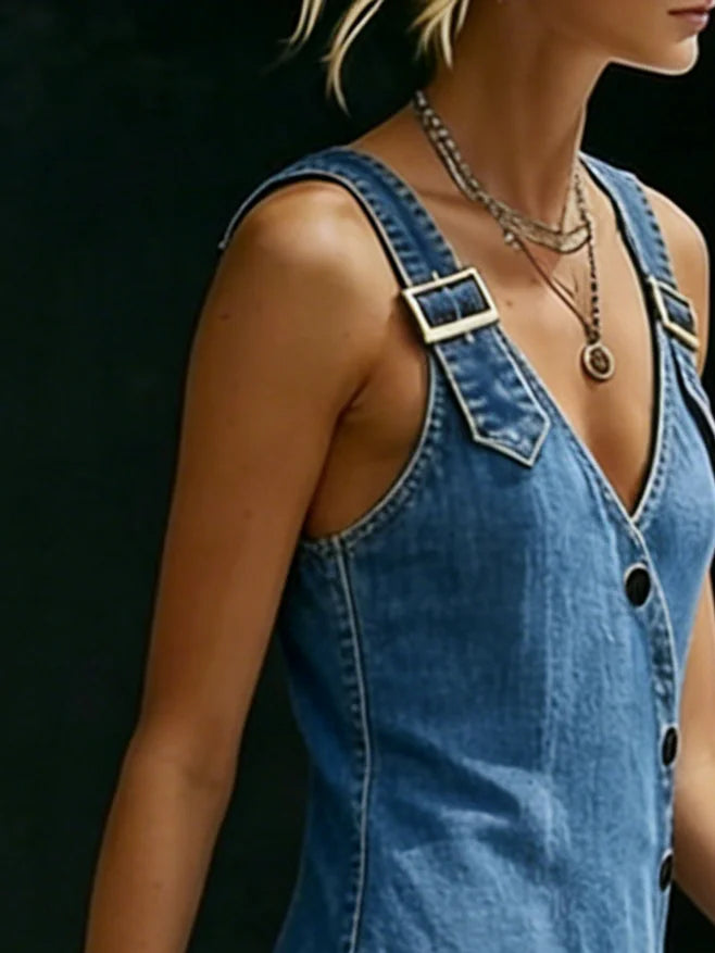 Robe longue en denim bleue claire Danoir Paris Vera avec boutons, vêtement tendance pour femme, vue de face sur mannequin.