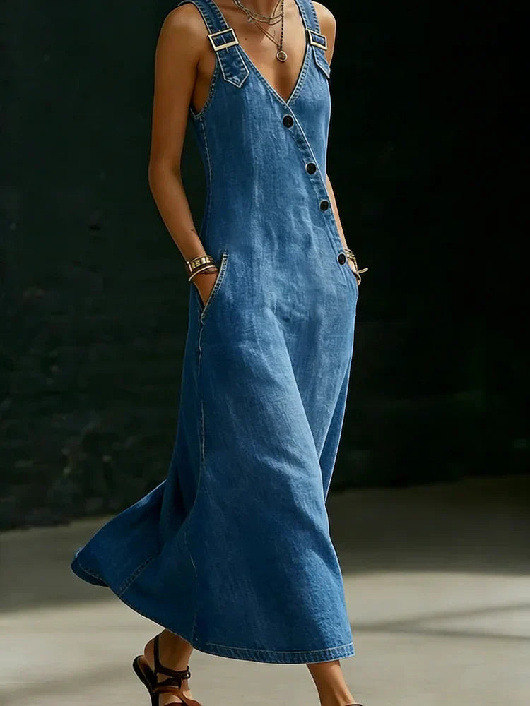 Vera, longue robe en denim clair avec boutons, par Danoir Paris, portée sur mannequin, détail des boutons devant.