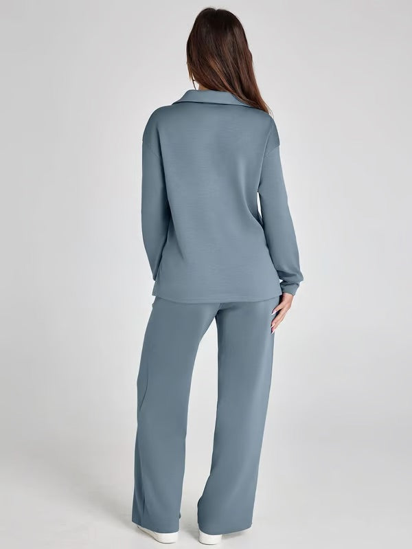 Ensemble chic polyvalent Chantal de Danoir Paris en tissu bleu clair, taille XS, présenté sur un fond neutre.