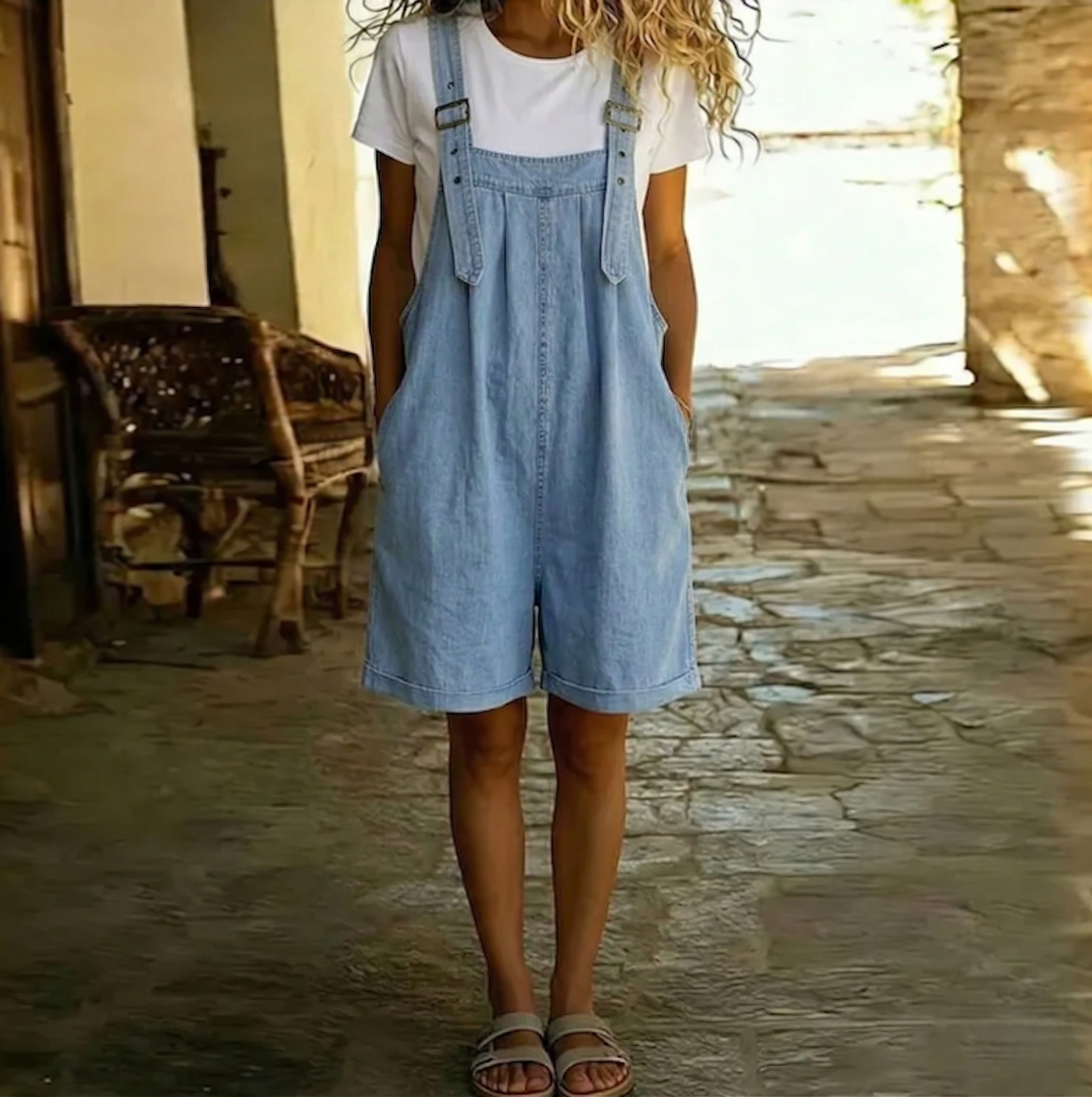 Salopette courte en denim bleu clair Clara de Danoir Paris avec fini vintage délavé, portée par un mannequin.