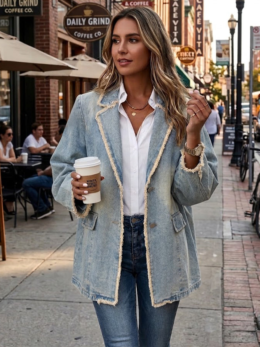 Veste blazer surdimensionnée vintage Danoir Paris en denim bleu clair, vue de face, style décontracté et tendance.