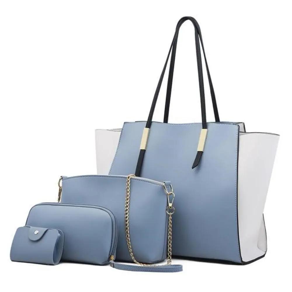 Ensemble de 4 sacs de shopping élégants et luxueux Danoir Paris, sacs en tissu bleu avec poignées sophistiquées.