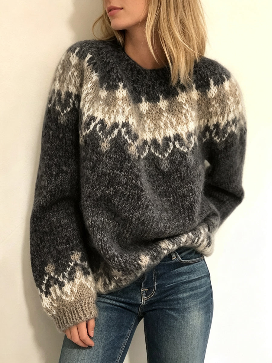 Pull en tricot bleu Danoir Paris à col rond et motif Fair Isle, style décontracté pour homme.