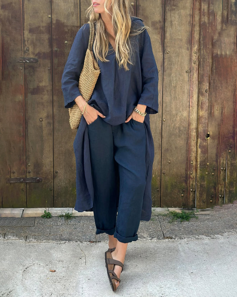 Ensemble chic et confortable Danoir Paris en tissu bleu marine pour femmes, taille S-38, élégant et décontracté.