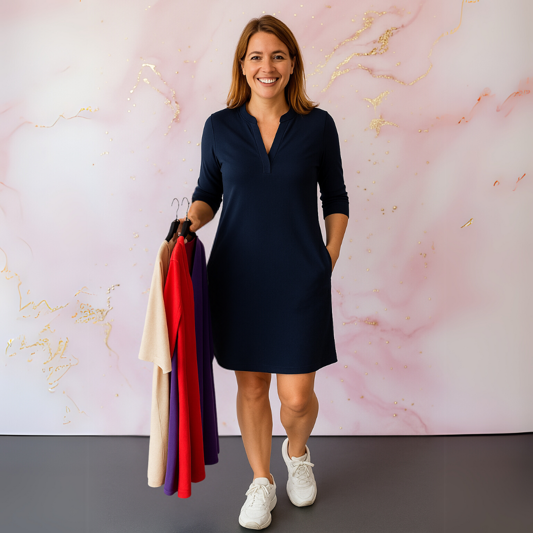 Robe élégante Danoir Paris Hanneke en bleu marine, coupe polyvalente, vue de face sur fond blanc.
