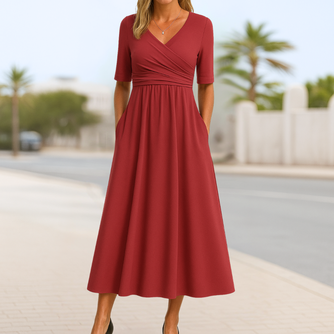 Robe croisée à manches courtes Danoir Paris Monique en tissu bleu marine, élégante et tendance.
