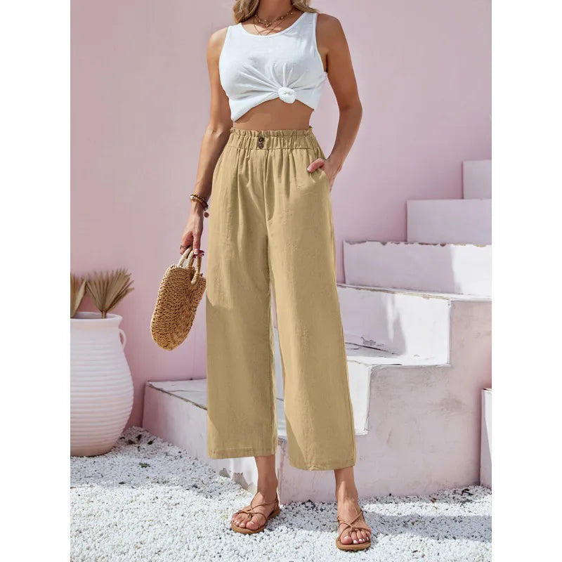 Pantalon d'été lin-coton Soléa de Danoir Paris en bleu marine, tissu léger, coupe confortable, porté sur un mannequin.