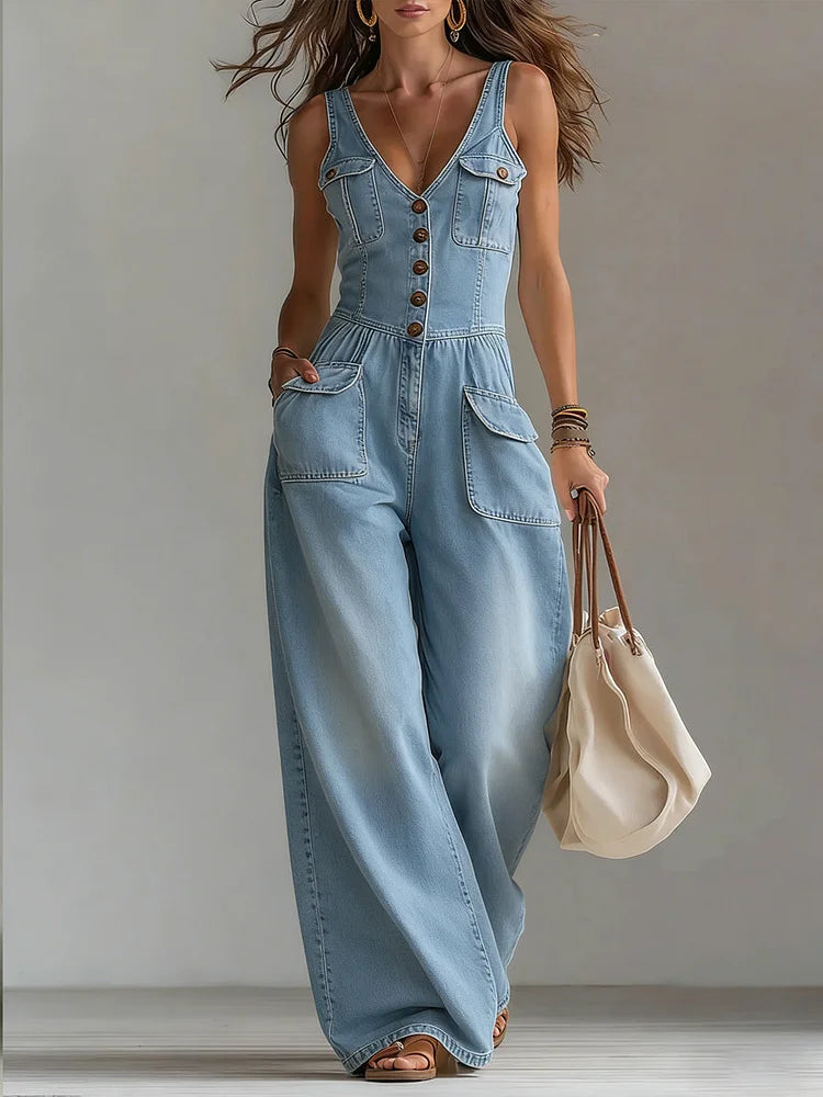 Combinaison en jean décontractée Sophie de Danoir Paris, style ample, en denim bleu marine, pour un look confortable et tendance.