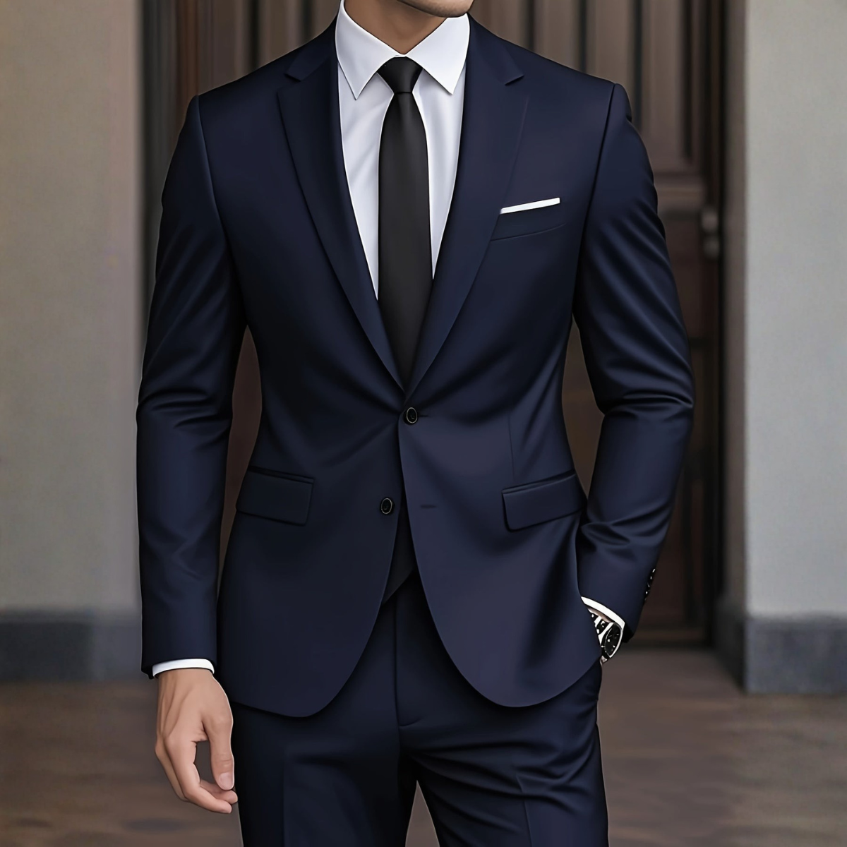 Costume moderne pour homme Danoir Paris en tissu bleu marine, veste ajustée et pantalon assorti, détail élégant et contemporain.