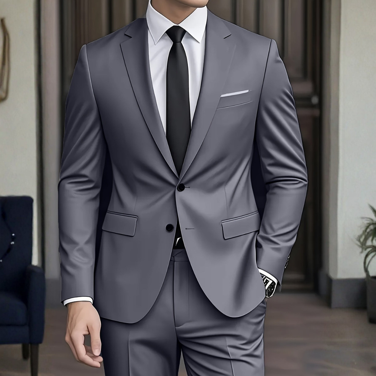 Costume moderne pour homme Danoir Paris en bleu marine, costume élégant avec détails soignés, vue de face.