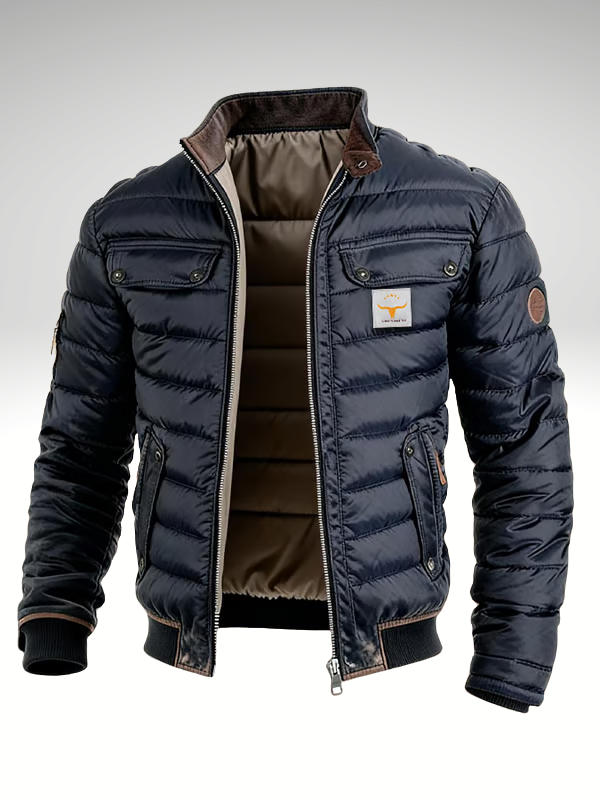 Veste matelassée premium Danoir Paris en bleu marine, coupe ajustée, tissu chaud et élégant, pour femmes.