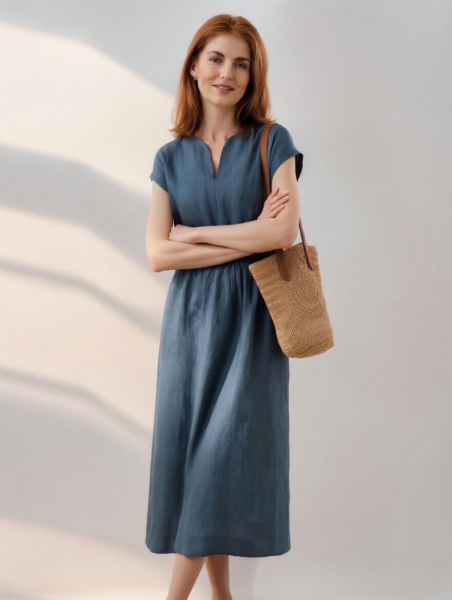 Robe en lin mélangé fluide et élégante Lina de Danoir Paris, couleur bleu marocain, portée avec manches longues et coupe fluide.