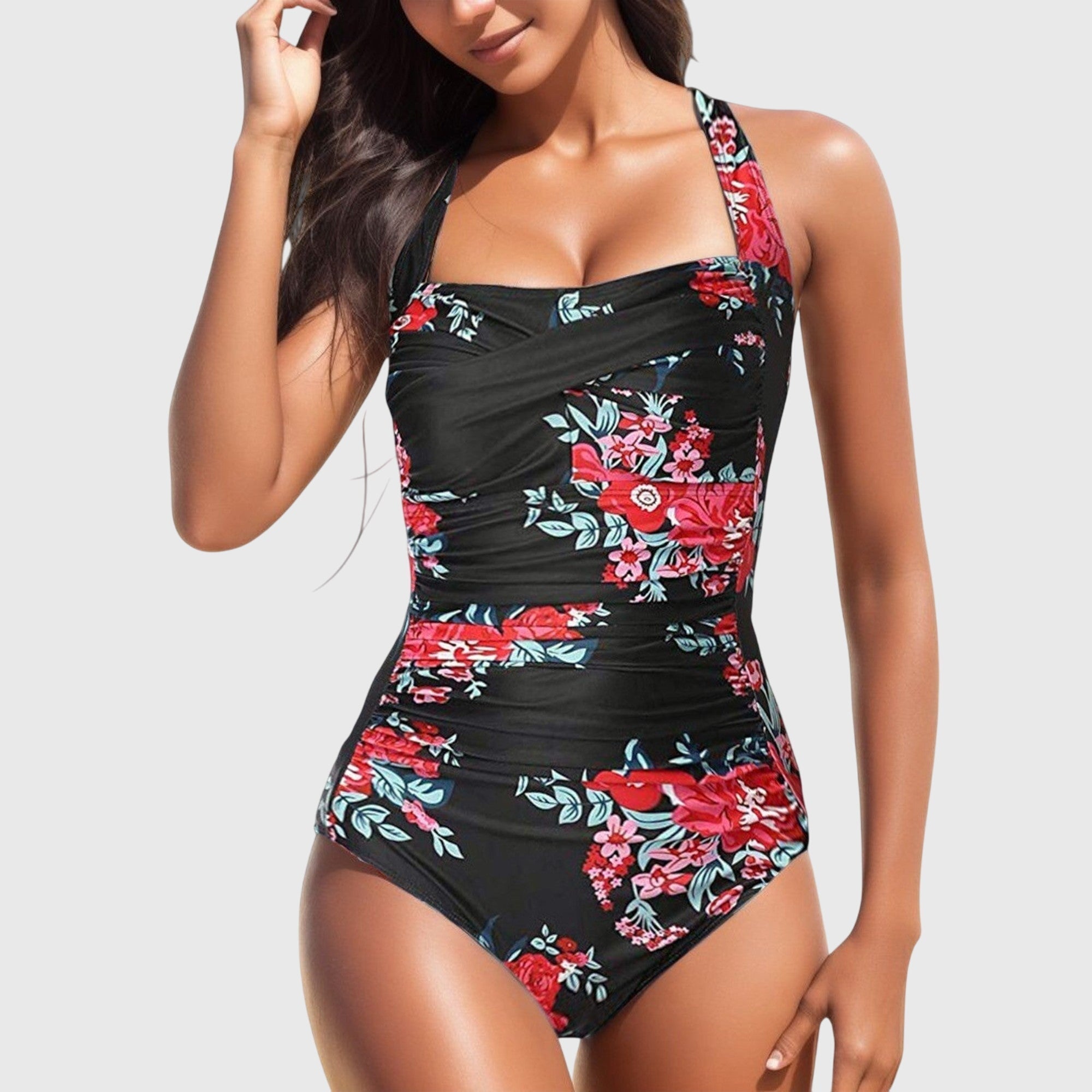 Maillot de bain une pièce Lina de Danoir Paris en bleu et rose, vu de face, avec décolleté et détails élégants.
