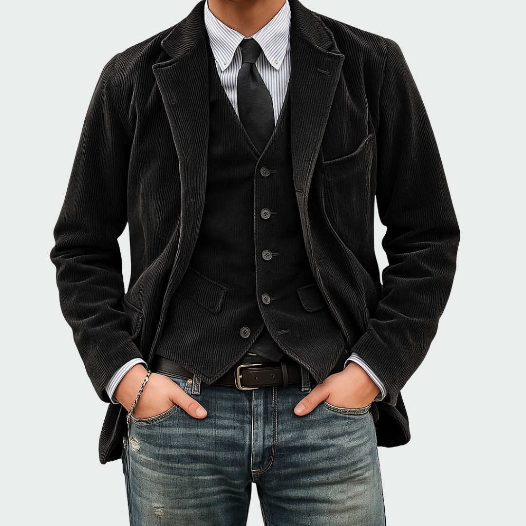 Ensemble 2 pièces Danoir Paris avec blazer et gilet en velours bleu, élégant et confortable, pour un look sophistiqué.