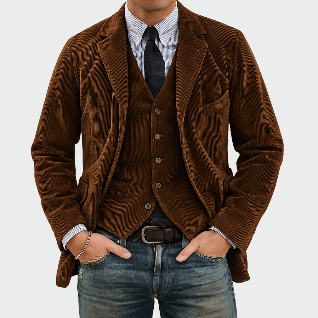 Ensemble 2 pièces Danoir Paris : blazer et gilet en velours bleu, élégants et sophistiqués, pour un style chic et moderne.