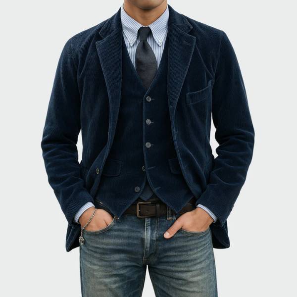 Ensemble 2 pièces Danoir Paris avec blazer et gilet en velours bleu, mode élégante et sophistiquée pour femmes.