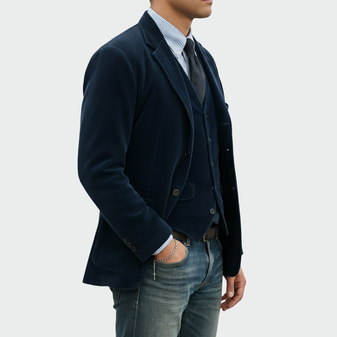 Ensemble 2 pièces Danoir Paris : blazer et gilet en velours bleu, élégants et sophistiqués, pour un style chic et moderne.