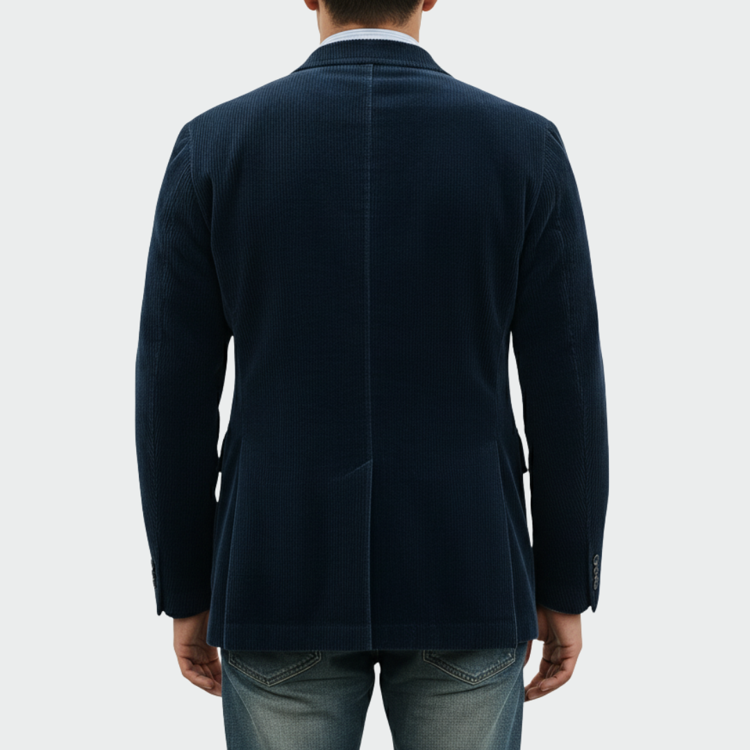 Ensemble deux pièces Danoir Paris : blazer et gilet en velours bleu pour femme, élégants et raffinés.