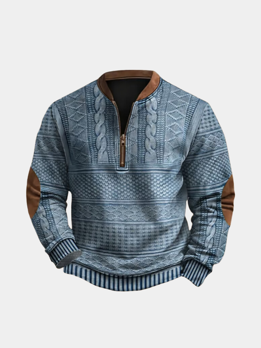 Polo élégant pour homme de Danoir Paris, bleu, en tissu chaud pour l'hiver, porté avec col et manches longues.