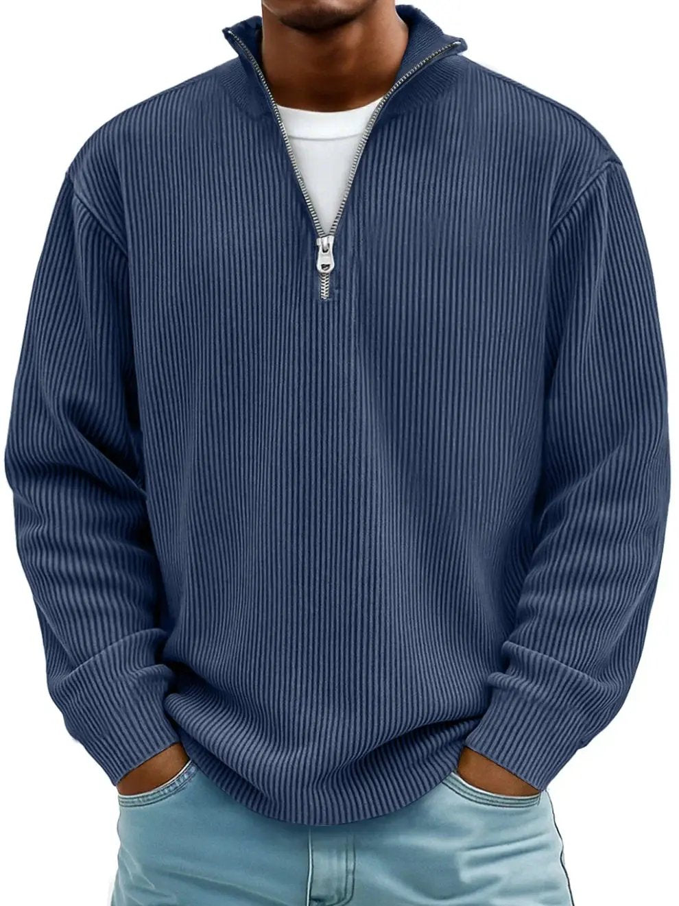Pull demi-zipé Danoir Paris™ en bleu, style élégant et confort, idéal pour un look chic et décontracté.