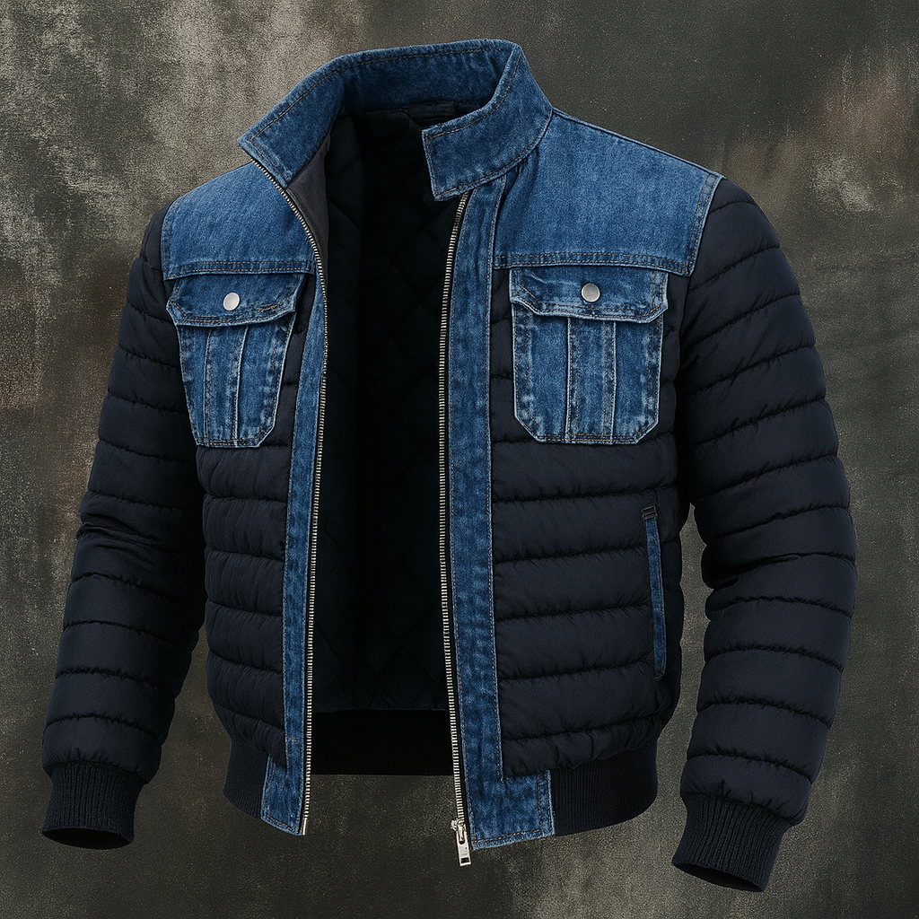 Veste hybride en denim Danoir Paris, coupe moderne, tissu bleu avec détails stylés, vêtement tendance pour homme ou femme