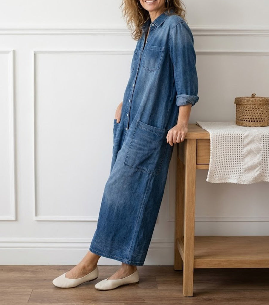 Salopette en denim vintage Danoir Paris en coton lavé avec fermeture à boutons, visible avec poches et bretelles ajustables.