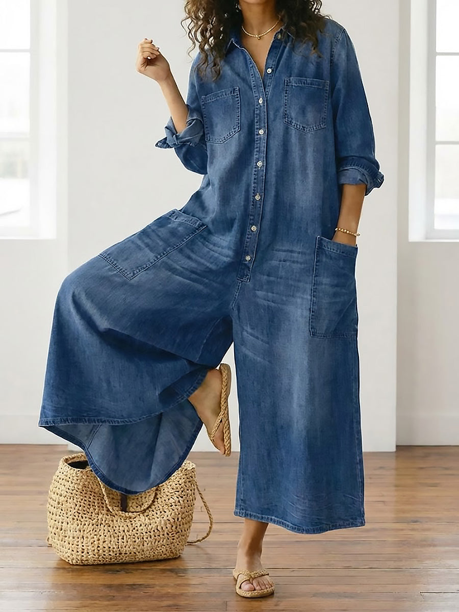 Salopette en denim vintage Danoir Paris, coton lavé, fermetures à boutons, style décontracté et tendance.