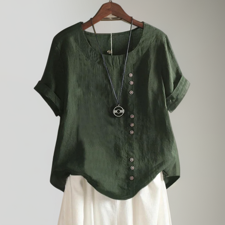 T-shirt chic bleu Danoir Paris Isla avec boutons, vue frontale, tissu léger et style élégant pour femmes.