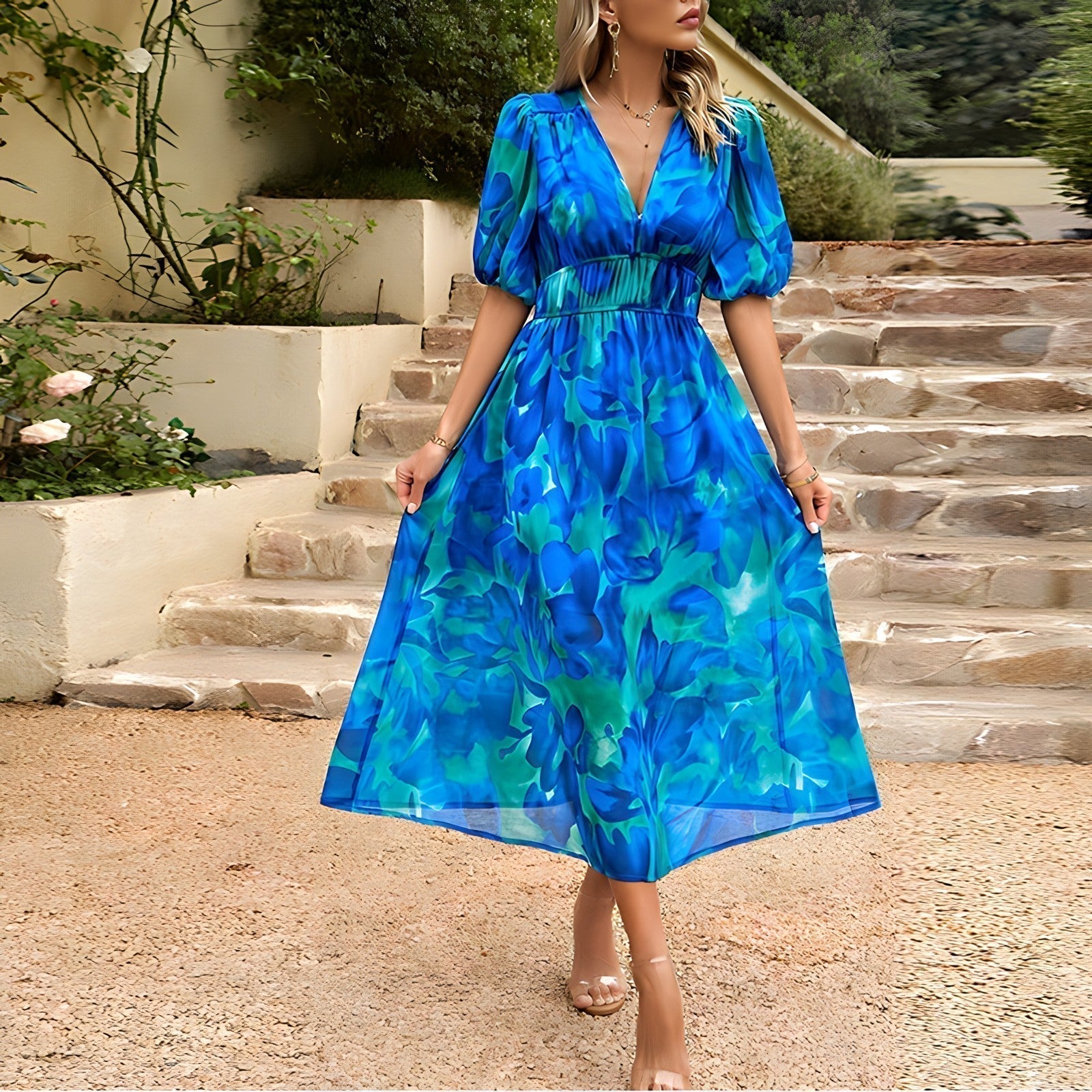 Robe midi élégante Jenny de Danoir Paris en tissu bleu, vue de face avec détails sophistiqués et coupe fluide.