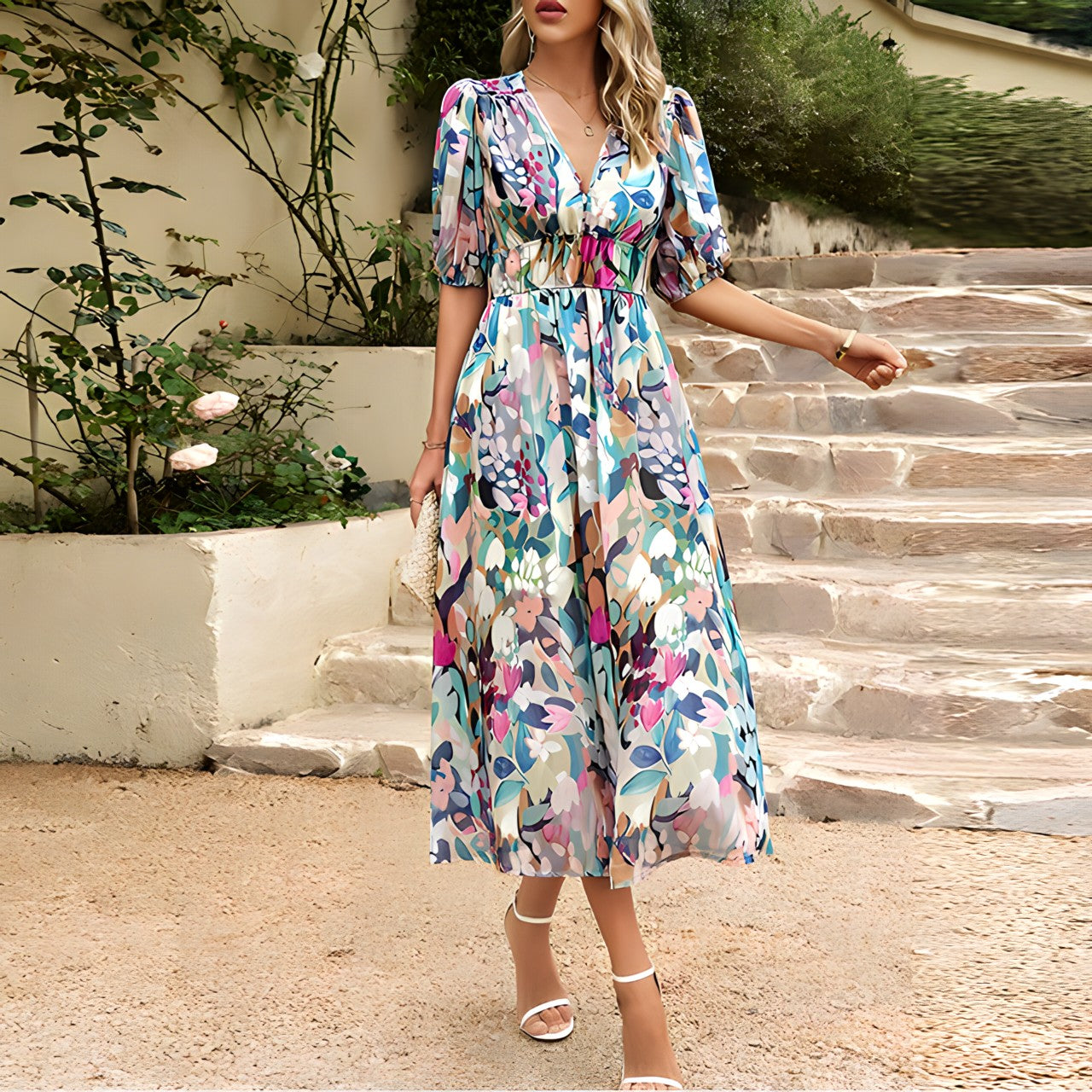 Robe midi élégante Jenny de Danoir Paris en tissu bleu chic, vue de face sur un fond neutre.